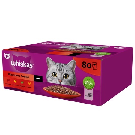 WHISKAS Adult saszetki 80 x 85 g Klasyczne Posiłki mokra karma dla dorosłego kota, w sosie (wołowina, kurczak, jagnięciną, drób)